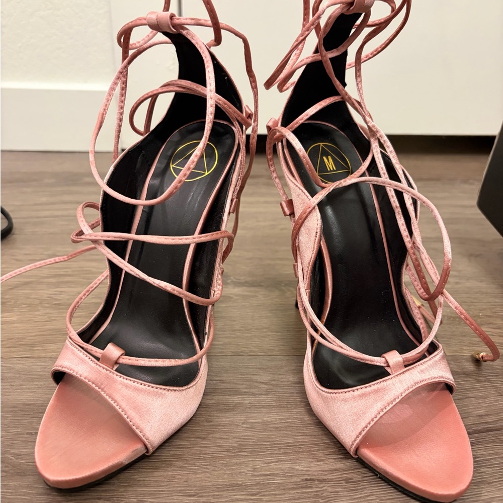 NWT Pink Satin Stiletto Heel Lace Up Sandals - Picture 5 of 13